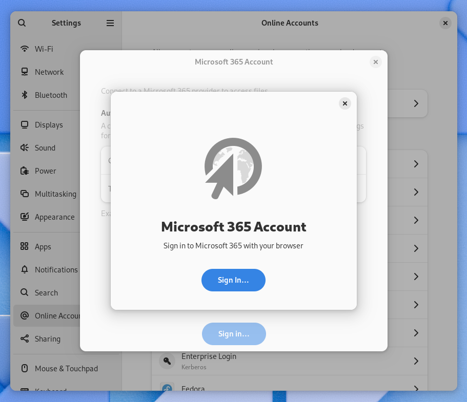 A screenshot of the Microsoft 365 setup dialog in GNOME 46.2, with a "Sign In with your browser" dialog stacked on top