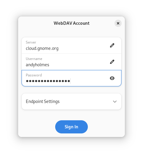 A screenshot of a WebDAV account sign-in form